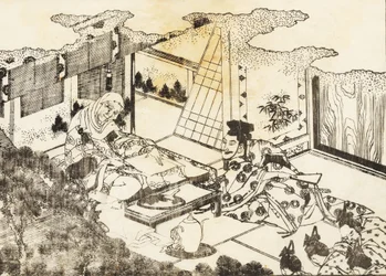 An Old Woman, Perhaps a Buddhist Nun, Sits and a Young Woman Reads Something to Her